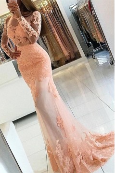 Long Pink Mermaid Lace Long Sleeves Mother of the Bride Dresses 702187