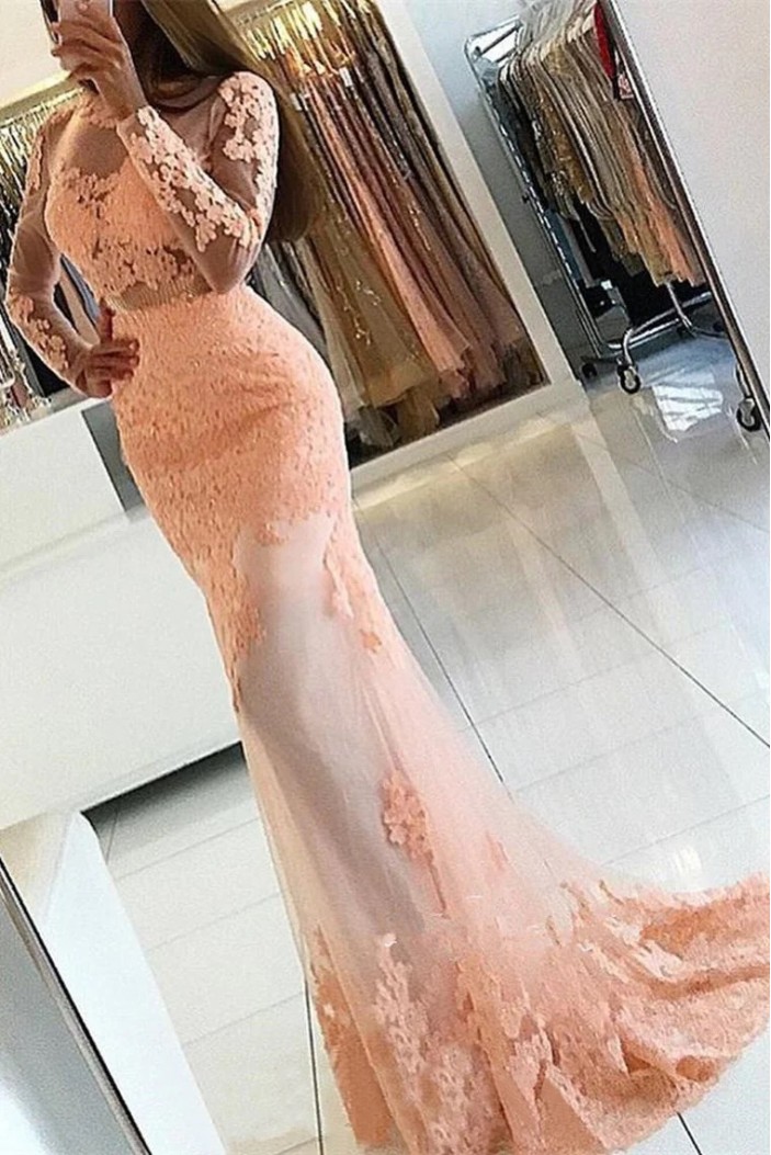 Long Pink Mermaid Lace Long Sleeves Mother of the Bride Dresses 702187