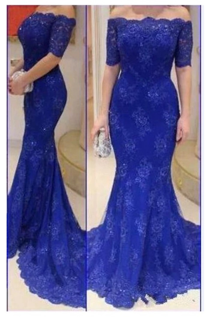 Mermaid Off the Shoulder Royal Blue Lace Long Mother of the Bride Dresses 702191