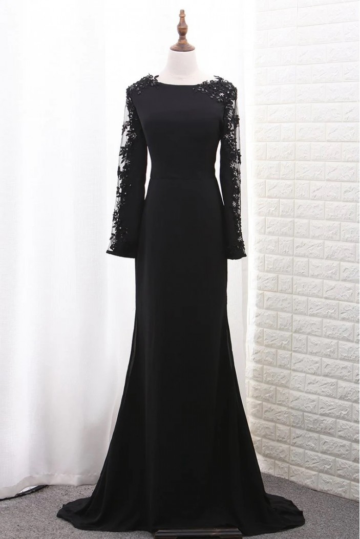 Long Black Mermaid Lace Long Sleeves Mother of the Bride Dresses 702198