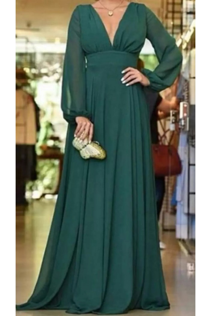 Long Green Chiffon V Neck Mother of the Bride Dresses with Long Sleeves 702221