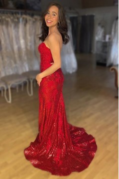 Mermaid Red Sequins Lace Long Prom Dresses with Slit 801003