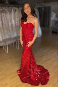 Mermaid Red Sequins Lace Long Prom Dresses with Slit 801003
