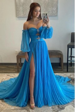 A-Line Chiffon Pleated Long Prom Dresses with Sleeves 801004