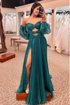A-Line Chiffon Pleated Long Prom Dresses with Sleeves 801004