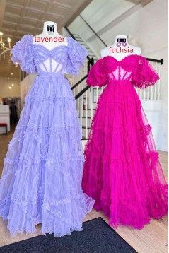 A-Line Long Pink Tulle Off the Shoulder Prom Dresses 801005