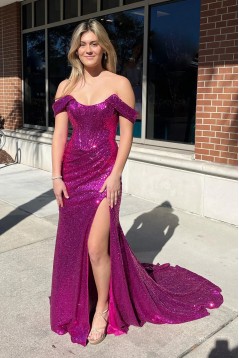 Mermaid Sequins Off the Shoulder Long Prom Dresses with Slit 801006