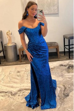 Mermaid Sequins Off the Shoulder Long Prom Dresses with Slit 801006