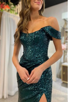 Mermaid Sequins Off the Shoulder Long Prom Dresses with Slit 801006