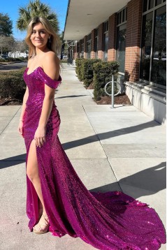 Mermaid Sequins Off the Shoulder Long Prom Dresses with Slit 801006