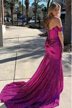 Mermaid Sequins Off the Shoulder Long Prom Dresses with Slit 801006