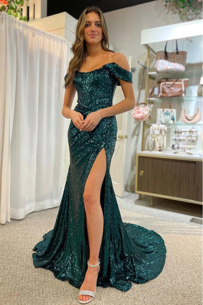 Mermaid Sequins Off the Shoulder Long Prom Dresses with Slit 801006