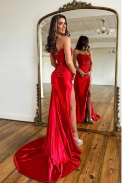 Long Red Strapless Mermaid Prom Dresses with Slit 801007