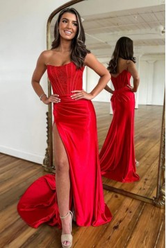 Long Red Strapless Mermaid Prom Dresses with Slit 801007