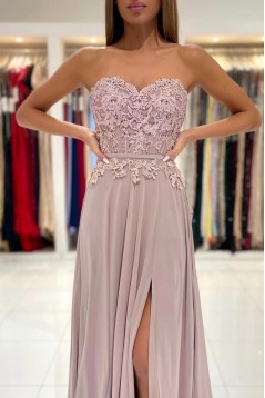 A-Line Sweetheart Chiffon and Lace Long Prom Dresses with Slit 801010