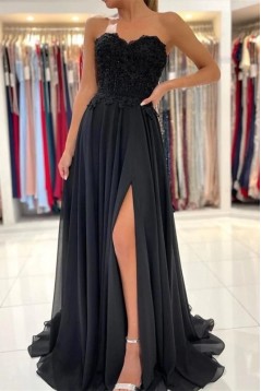 A-Line Sweetheart Chiffon and Lace Long Prom Dresses with Slit 801010