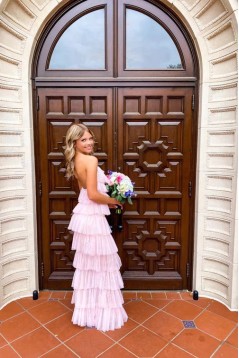 Long Pink Sleeveless Tulle Prom Dresses with Slit 801015