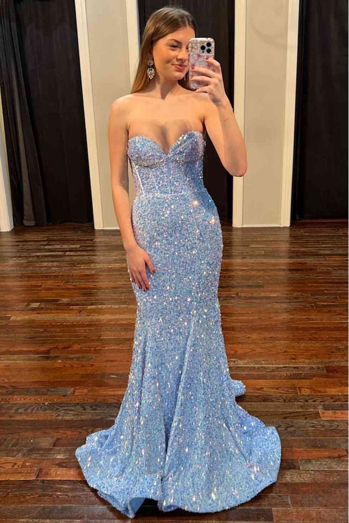 Long Blue Mermaid Sweetheart Sequins Prom Dresses 801016