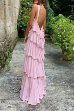 Long Pink Chiffon Tiered Floor Length Prom Dresses 801017