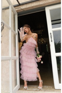 Long Pink Halter Tiered Floor Length Prom Dresses 801019