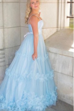 A Line Spaghetti Straps Light Blue Ruffles Floral Prom Dresses 801020