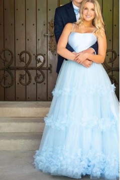 A Line Spaghetti Straps Light Blue Ruffles Floral Prom Dresses 801020