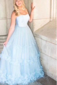 A Line Spaghetti Straps Light Blue Ruffles Floral Prom Dresses 801020