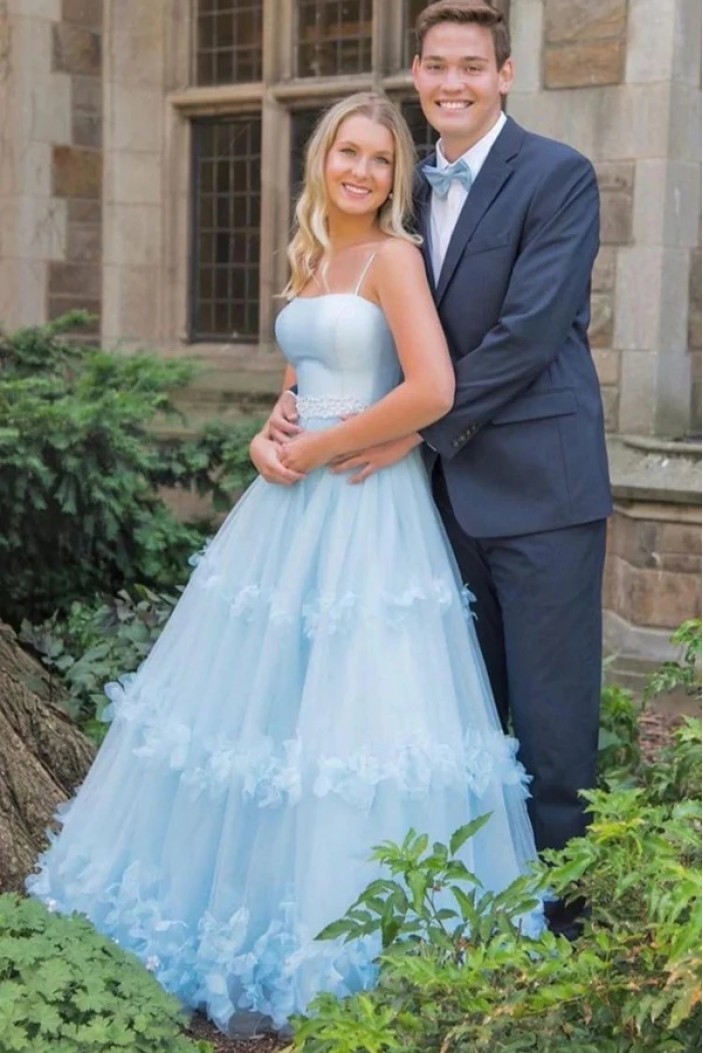 A Line Spaghetti Straps Light Blue Ruffles Floral Prom Dresses 801020