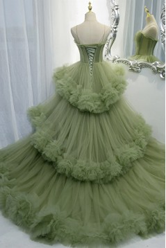 Long Green Spaghetti Straps Tulle Prom Dresses 801023