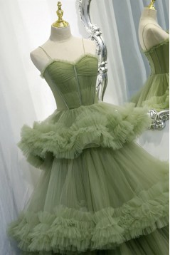 Long Green Spaghetti Straps Tulle Prom Dresses 801023