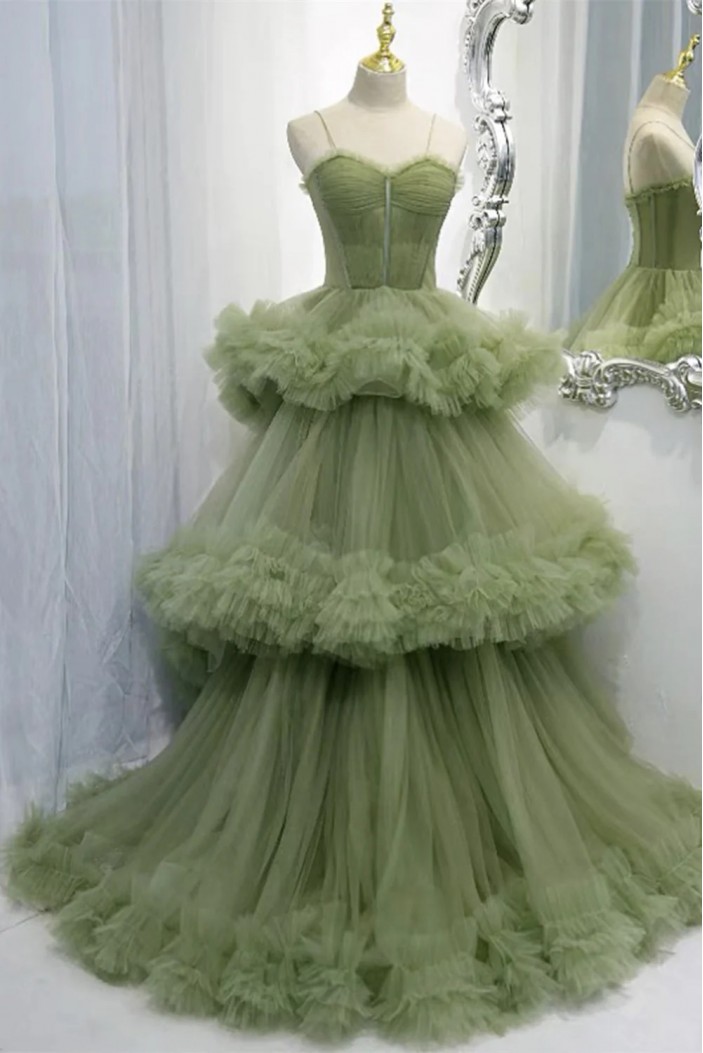 Long Green Spaghetti Straps Tulle Prom Dresses 801023