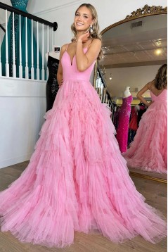 A-Line Spaghetti Straps Tiered V Neck Long Prom Dresses 801025