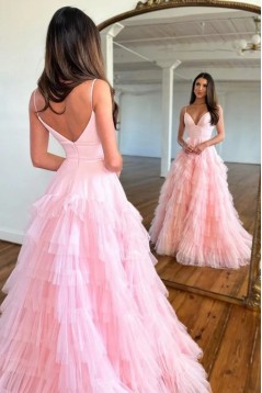 A-Line Spaghetti Straps Tiered V Neck Long Prom Dresses 801025