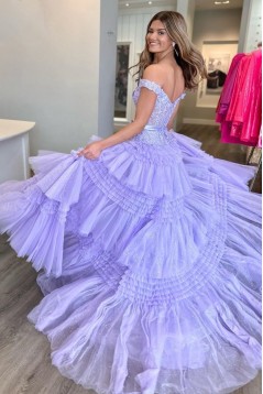 A-Line Off the Shoulder Tiered Lace and Tulle Long Prom Dresses 801026