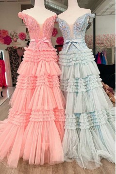 A-Line Off the Shoulder Tiered Lace and Tulle Long Prom Dresses 801026