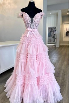 A-Line Off the Shoulder Tiered Lace and Tulle Long Prom Dresses 801026