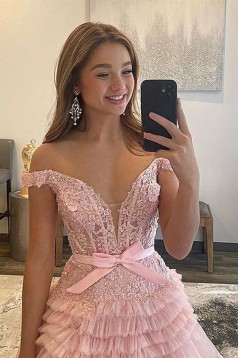 A-Line Off the Shoulder Tiered Lace and Tulle Long Prom Dresses 801026