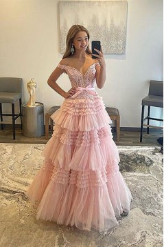 A-Line Off the Shoulder Tiered Lace and Tulle Long Prom Dresses 801026