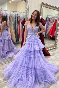 A-Line Off the Shoulder Tiered Lace and Tulle Long Prom Dresses 801026