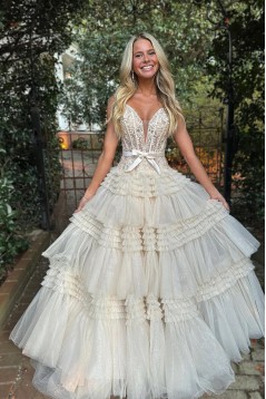 A-Line Off the Shoulder Tiered Lace and Tulle Long Prom Dresses 801026