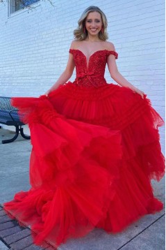 A-Line Off the Shoulder Tiered Lace and Tulle Long Prom Dresses 801026