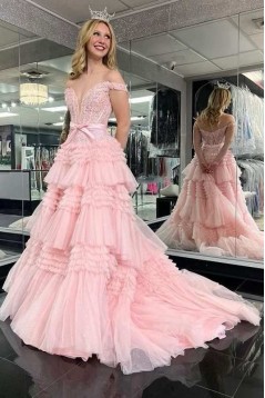 A-Line Off the Shoulder Tiered Lace and Tulle Long Prom Dresses 801026