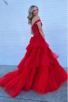 A-Line Off the Shoulder Tiered Lace and Tulle Long Prom Dresses 801026