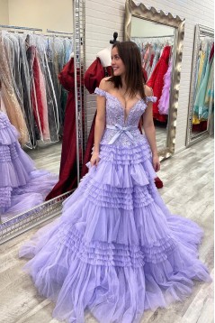 A-Line Off the Shoulder Tiered Lace and Tulle Long Prom Dresses 801026