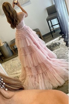 A-Line Off the Shoulder Tiered Lace and Tulle Long Prom Dresses 801026