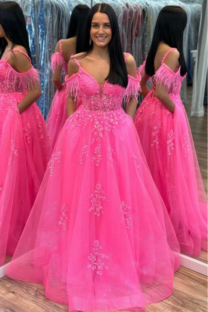 A-Line Fuchsia Lace and Tulle Long Prom Dresses 801028