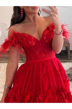 A-Line Long Red Lace and Tulle Off the Shoulder Prom Dresses 801029