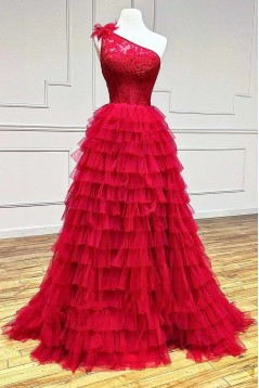 Long Red One Shoulder Lace and Tulle Prom Dresses 801032