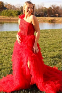 Long Red One Shoulder Lace and Tulle Prom Dresses 801032