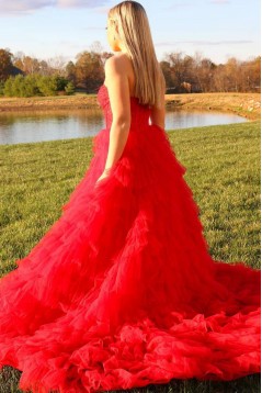 Long Red One Shoulder Lace and Tulle Prom Dresses 801032